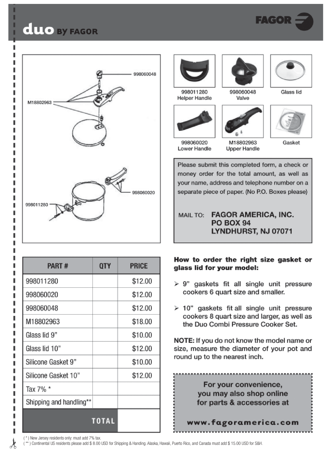 Fagor America fagor duo pressure cooker user manual New Jersey residents only: must add 7% tax 
