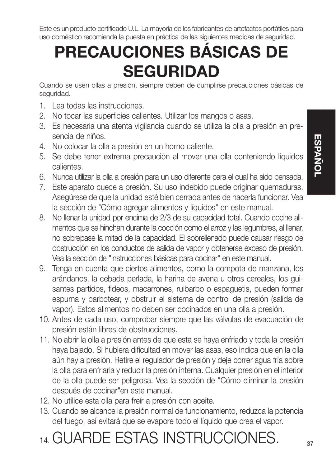 Fagor America Fagor Rapida Pressure Cooker user manual Precauciones Básicas DE Seguridad 