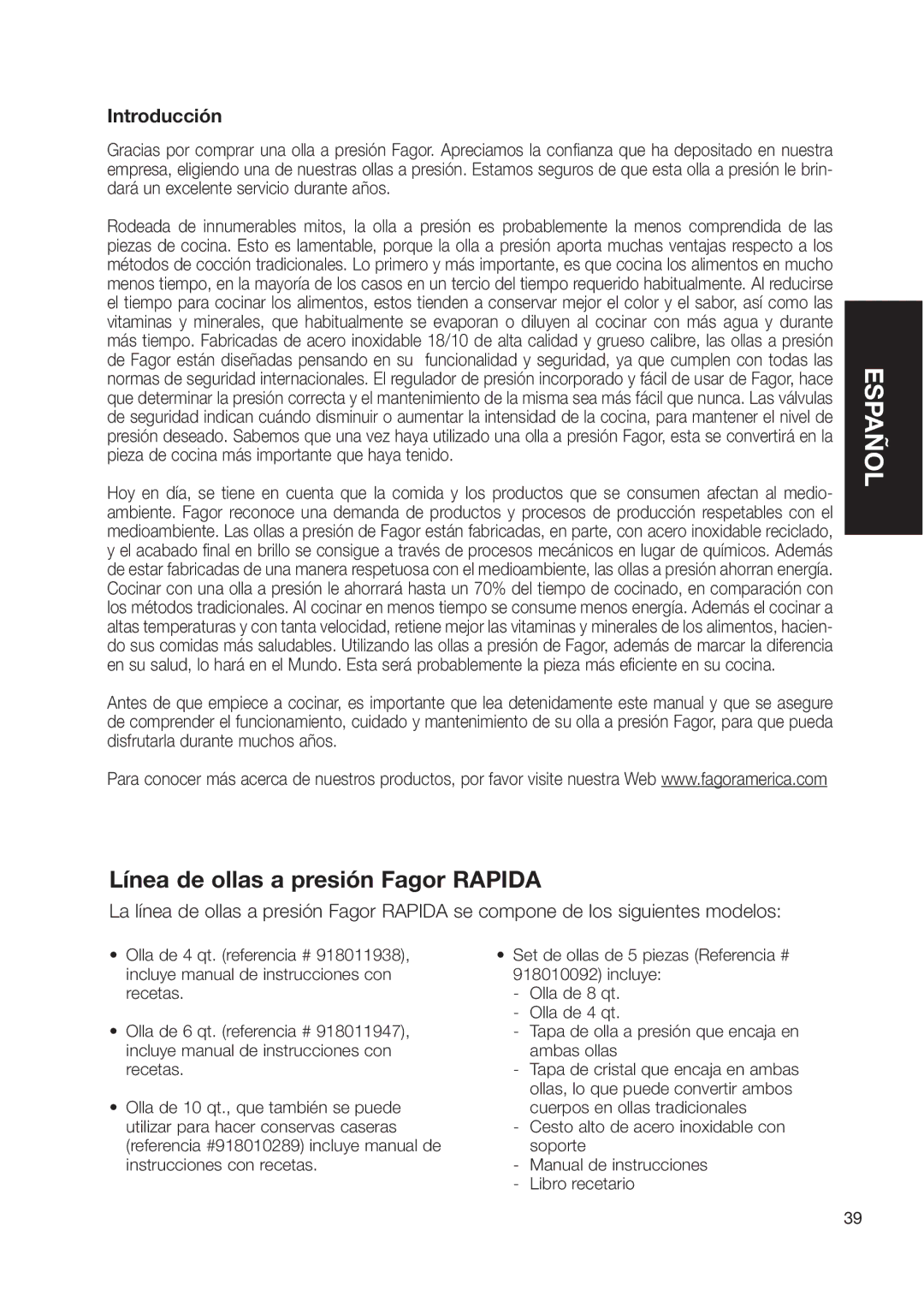 Fagor America Fagor Rapida Pressure Cooker user manual Línea de ollas a presión Fagor Rapida, Introducción 