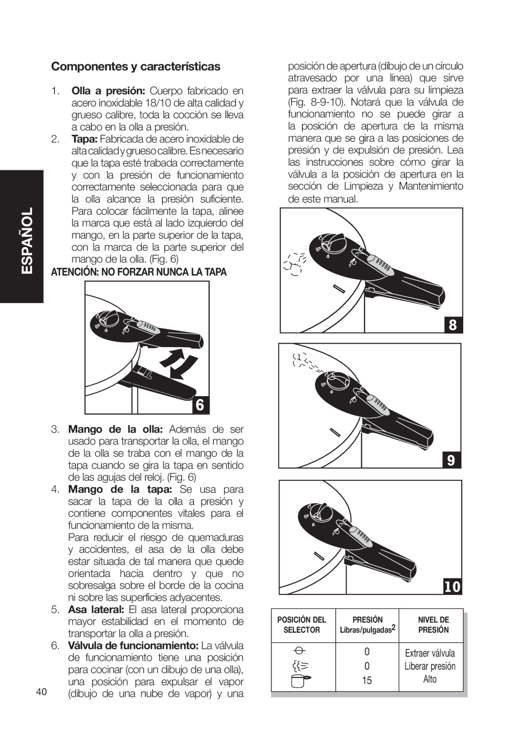 Fagor America Fagor Rapida Pressure Cooker user manual Componentes y características, Atención no Forzar Nunca LA Tapa 