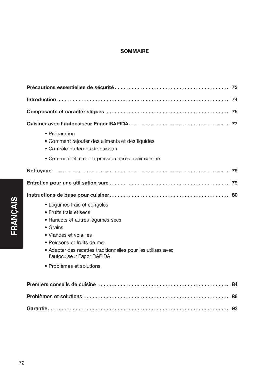 Fagor America Fagor Rapida Pressure Cooker user manual Sommaire 