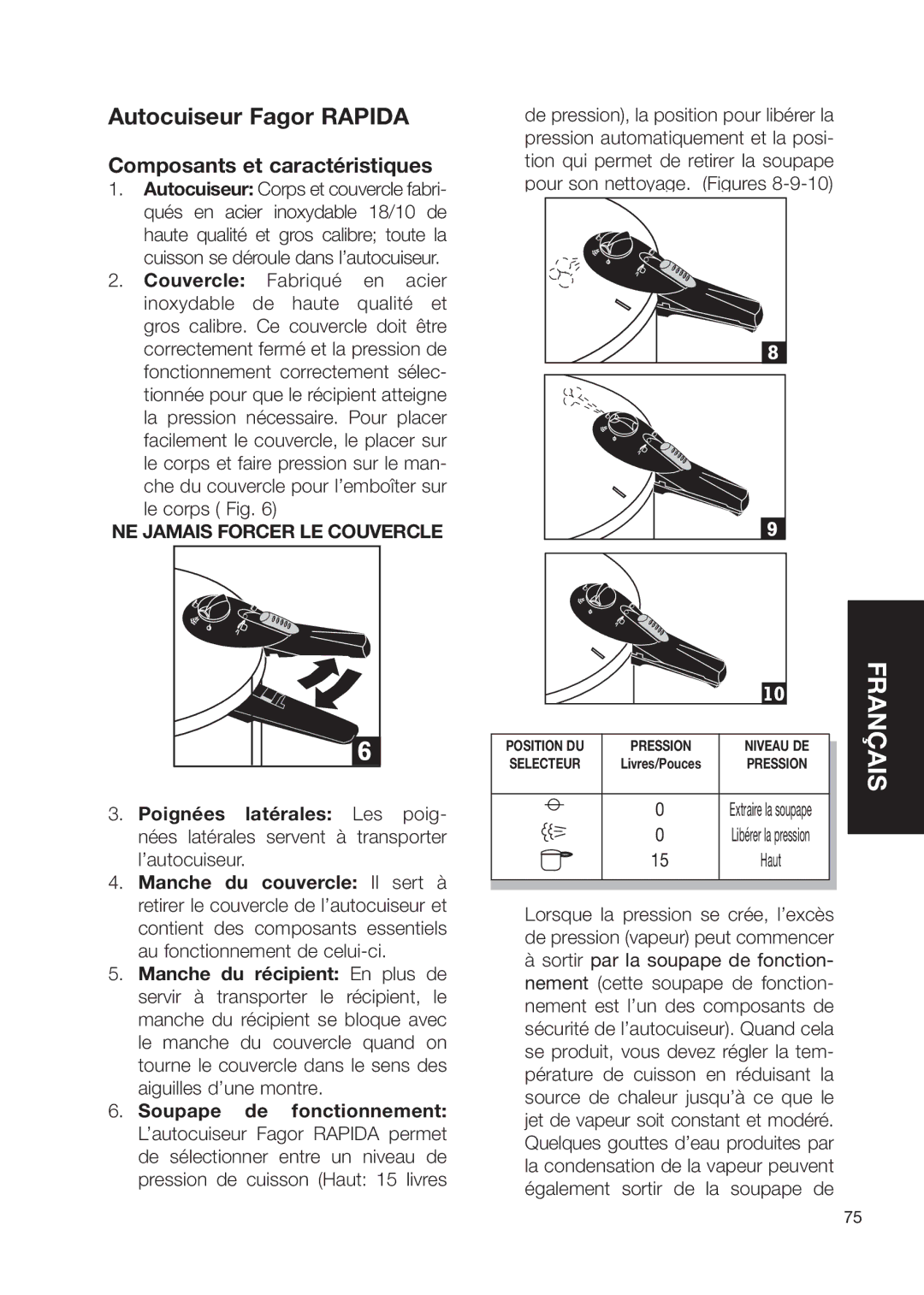 Fagor America Fagor Rapida Pressure Cooker Autocuiseur Fagor Rapida, Composants et caractéristiques, Le corps Fig 