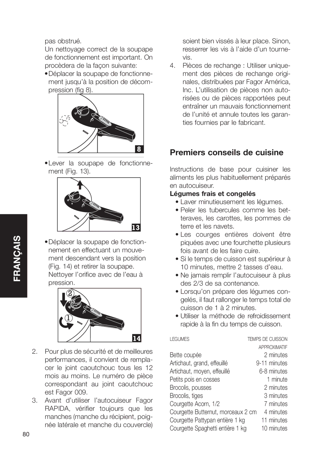 Fagor America Fagor Rapida Pressure Cooker Premiers conseils de cuisine, Lever la soupape de fonctionne- ment Fig 