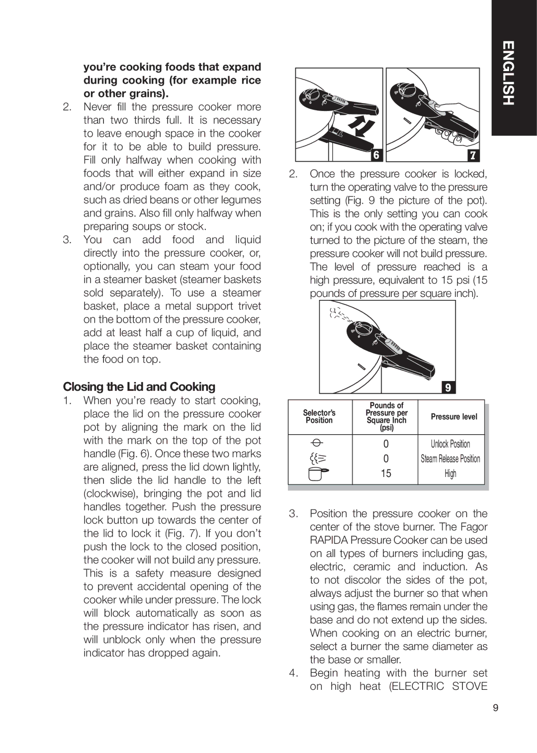 Fagor America Fagor Rapida Pressure Cooker user manual Closing the Lid and Cooking, Unlock Position 