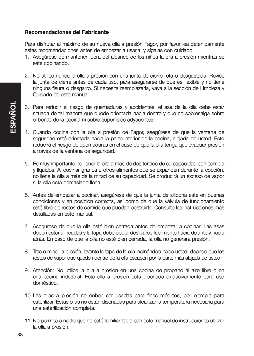 Fagor America Fagor Rapida Pressure Cooker user manual Español, Recomendaciones del Fabricante 