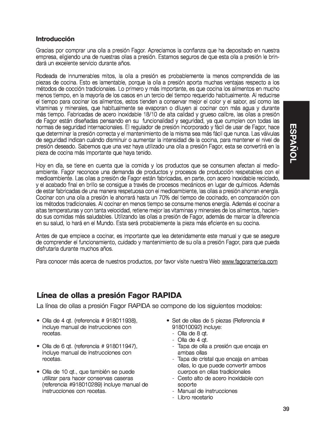 Fagor America Fagor Rapida Pressure Cooker user manual Línea de ollas a presión Fagor RAPIDA, Español, Introducción 