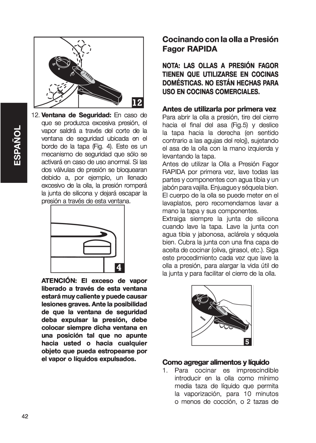 Fagor America Fagor Rapida Pressure Cooker user manual Cocinando con la olla a Presión Fagor RAPIDA, Español 