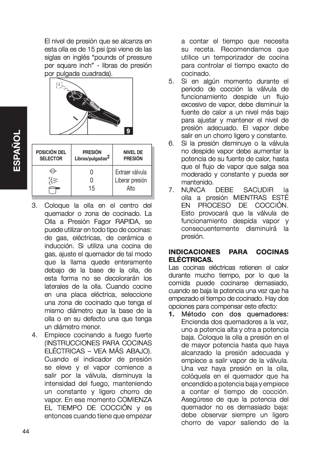 Fagor America Fagor Rapida Pressure Cooker user manual Español, Indicaciones Para Cocinas Eléctricas 