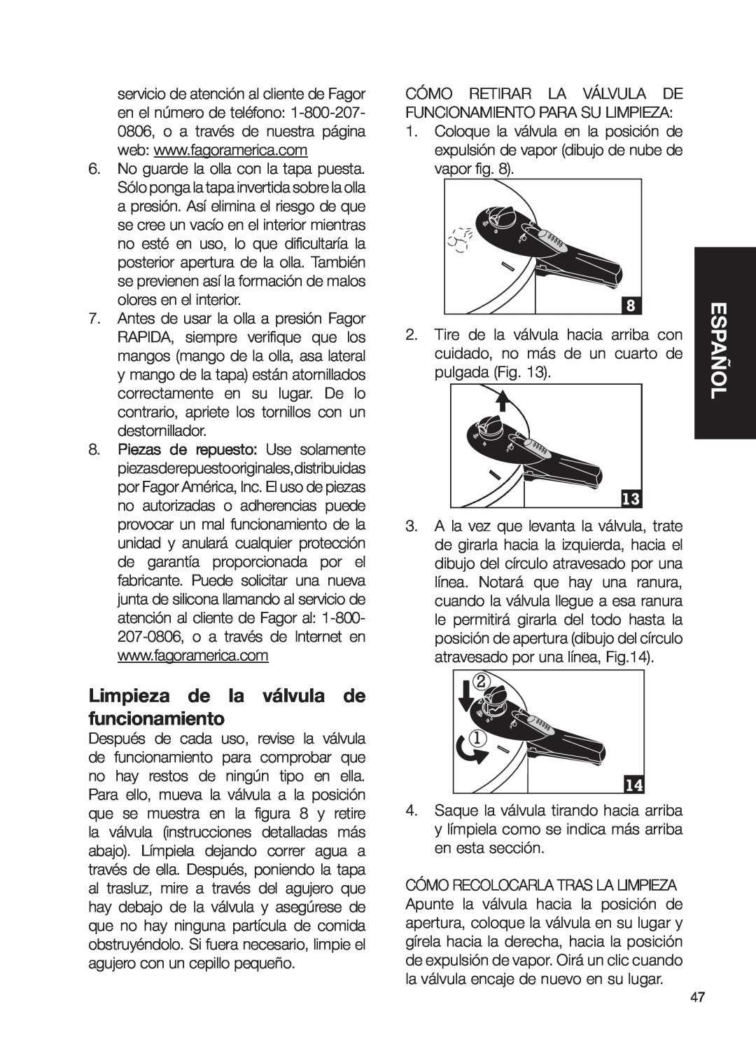 Fagor America Fagor Rapida Pressure Cooker user manual Limpieza de la válvula de funcionamiento, Español 