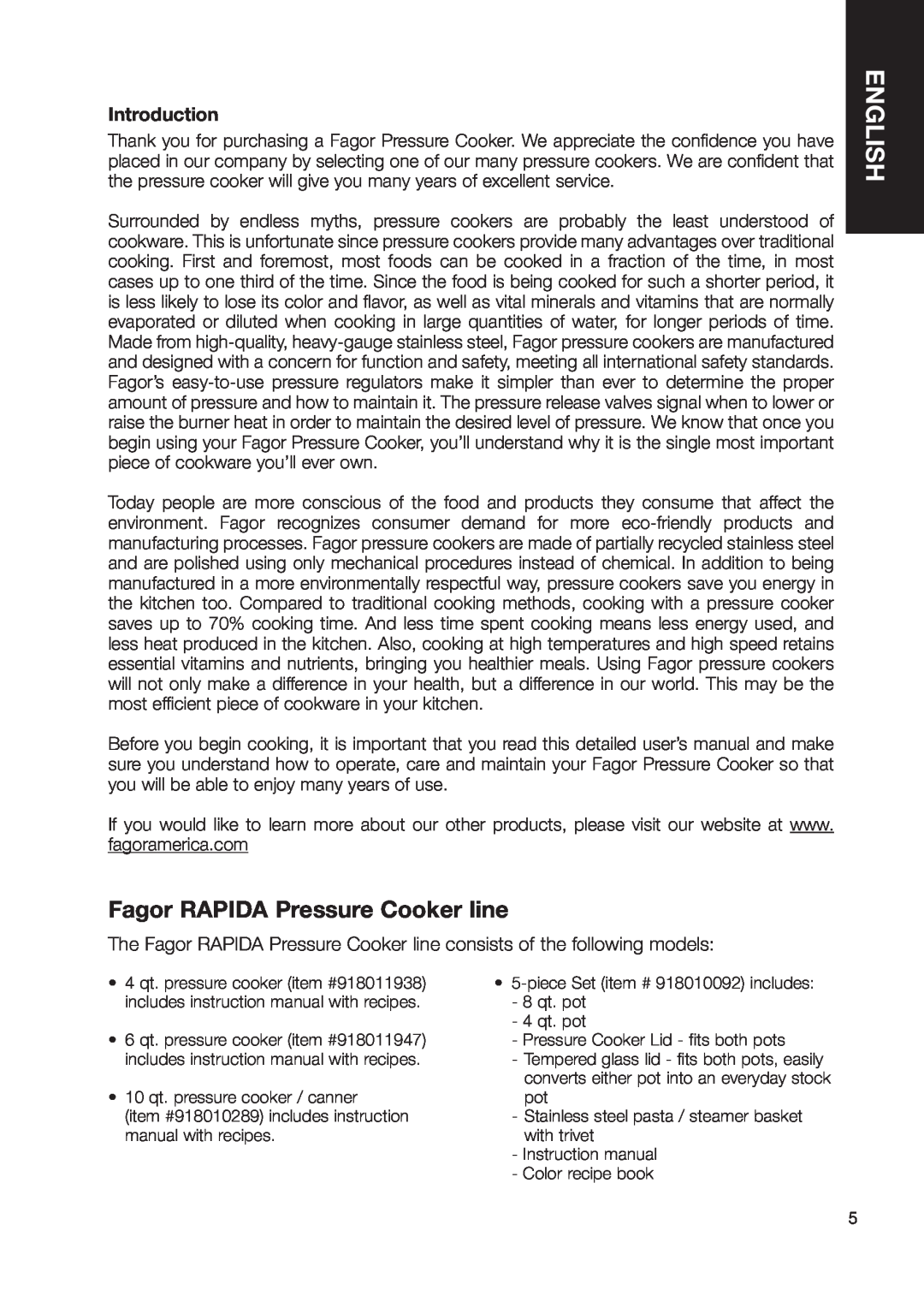 Fagor America Fagor Rapida Pressure Cooker user manual Fagor RAPIDA Pressure Cooker line, English, Introduction 