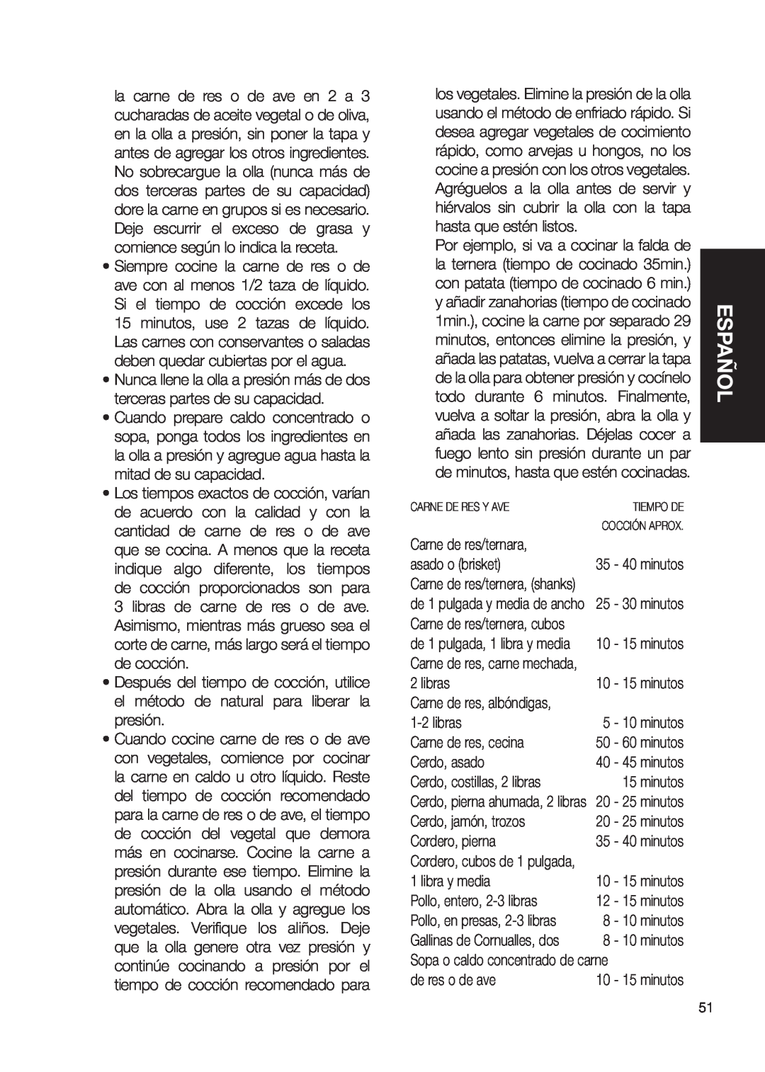 Fagor America Fagor Rapida Pressure Cooker user manual Español, Carne de res/ternara 
