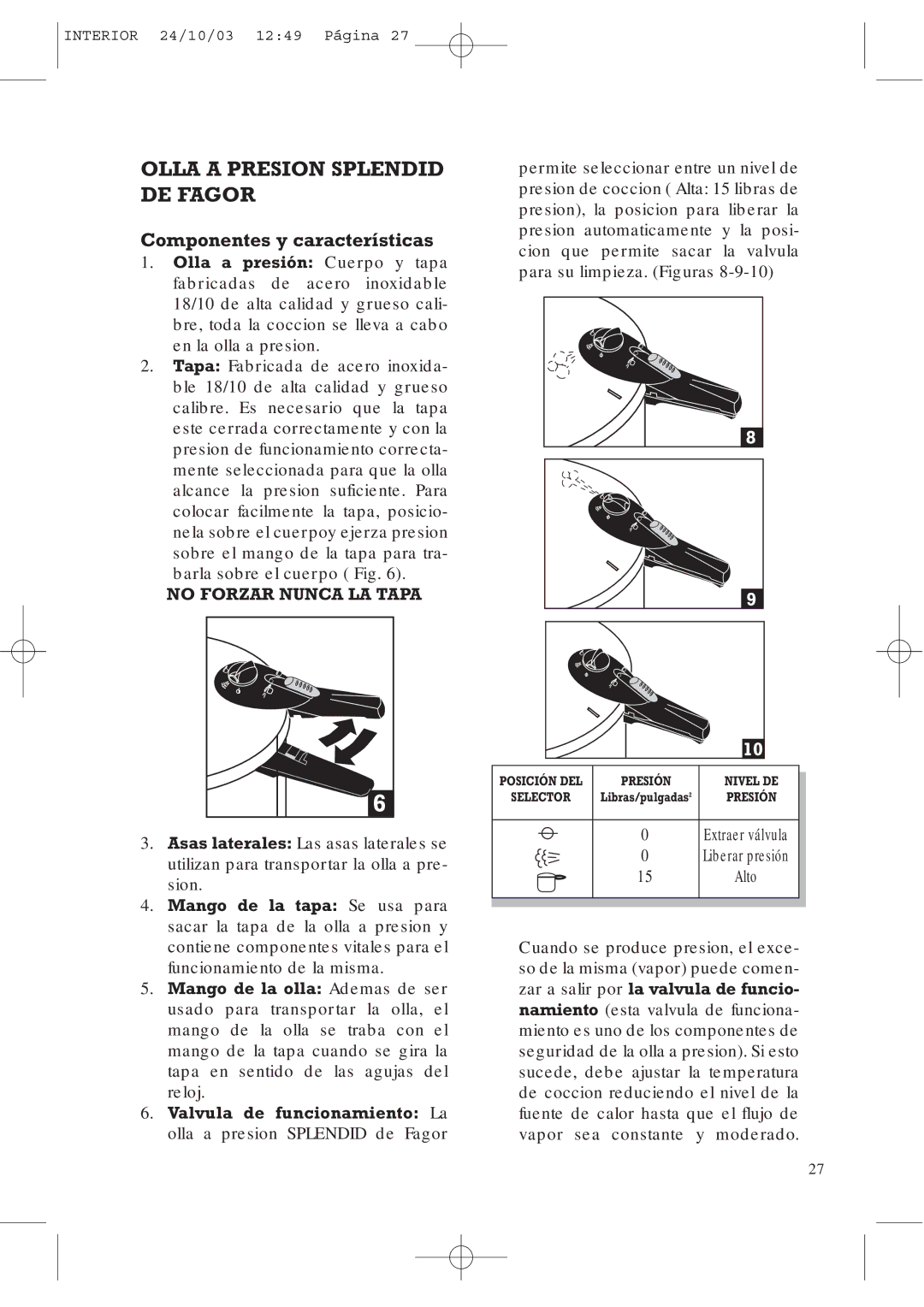 Fagor America FAGOR SPLENDID PRESSURE COOKER user manual Componentes y características, No Forzar Nunca LA Tapa 