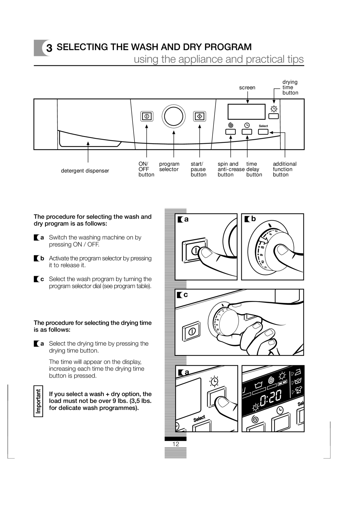 Fagor America FAS 3612 operation manual Using the appliance and practical tips, Selecting the Wash and DRY Program 