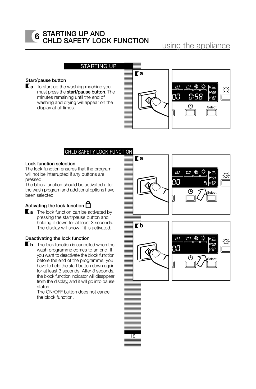 Fagor America FAS 3612 Starting UP Chld Safety Lock Function, ON/OFF button does not cancel the block function 