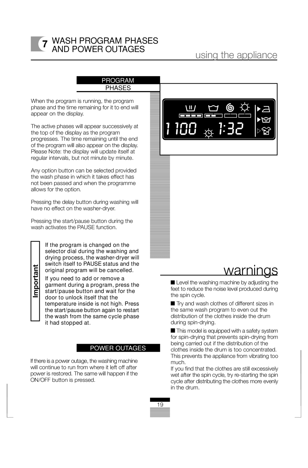 Fagor America FAS 3612 operation manual Wash Program Phases Power Outages 