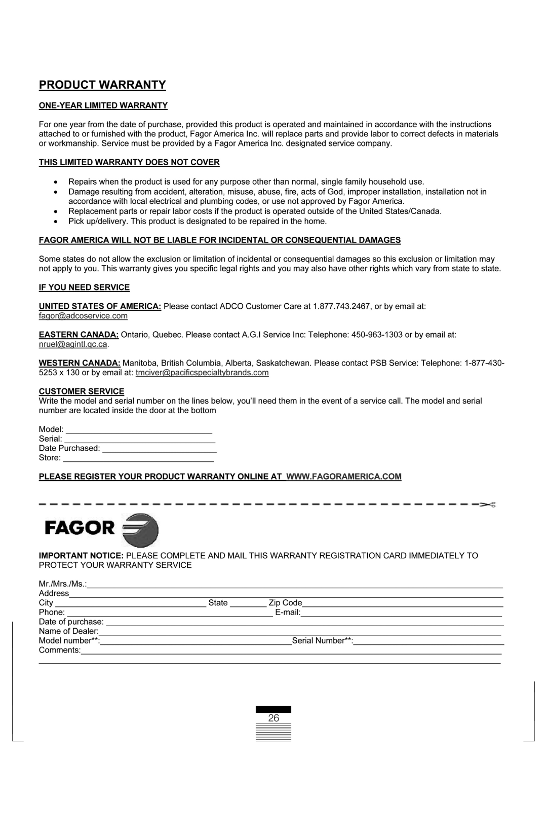 Fagor America FAS 3612 operation manual 