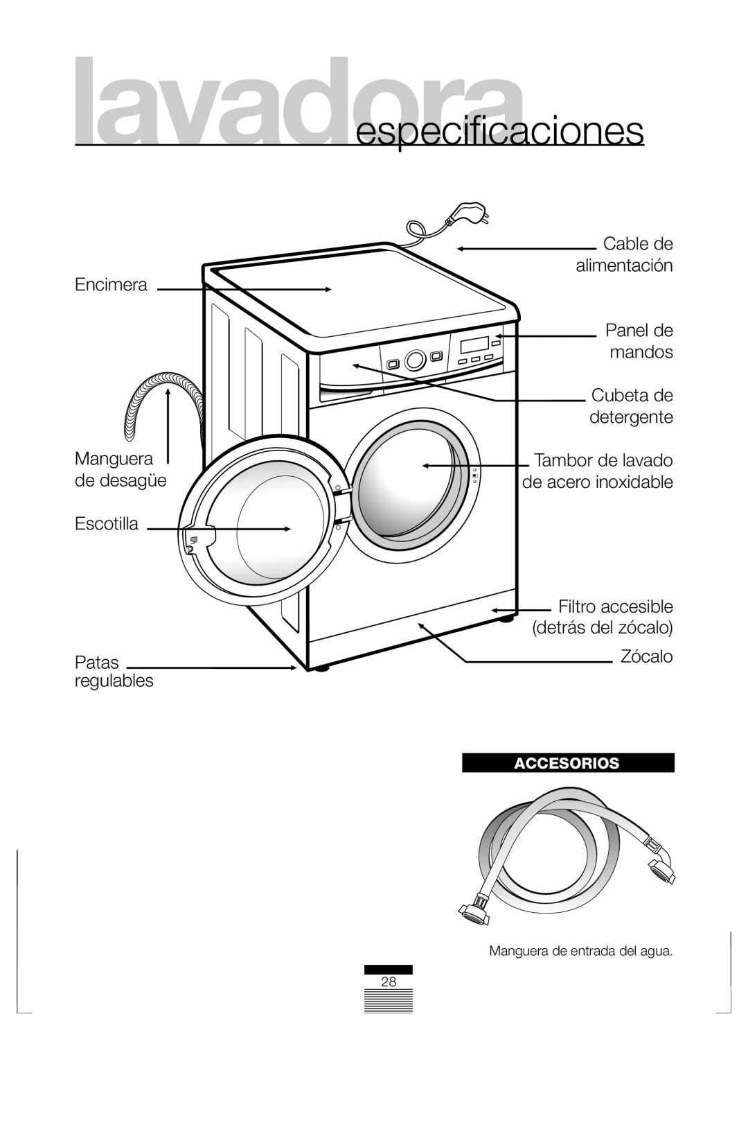 Fagor America FAS 3612 operation manual Accesorios, Manguera de entrada del agua 