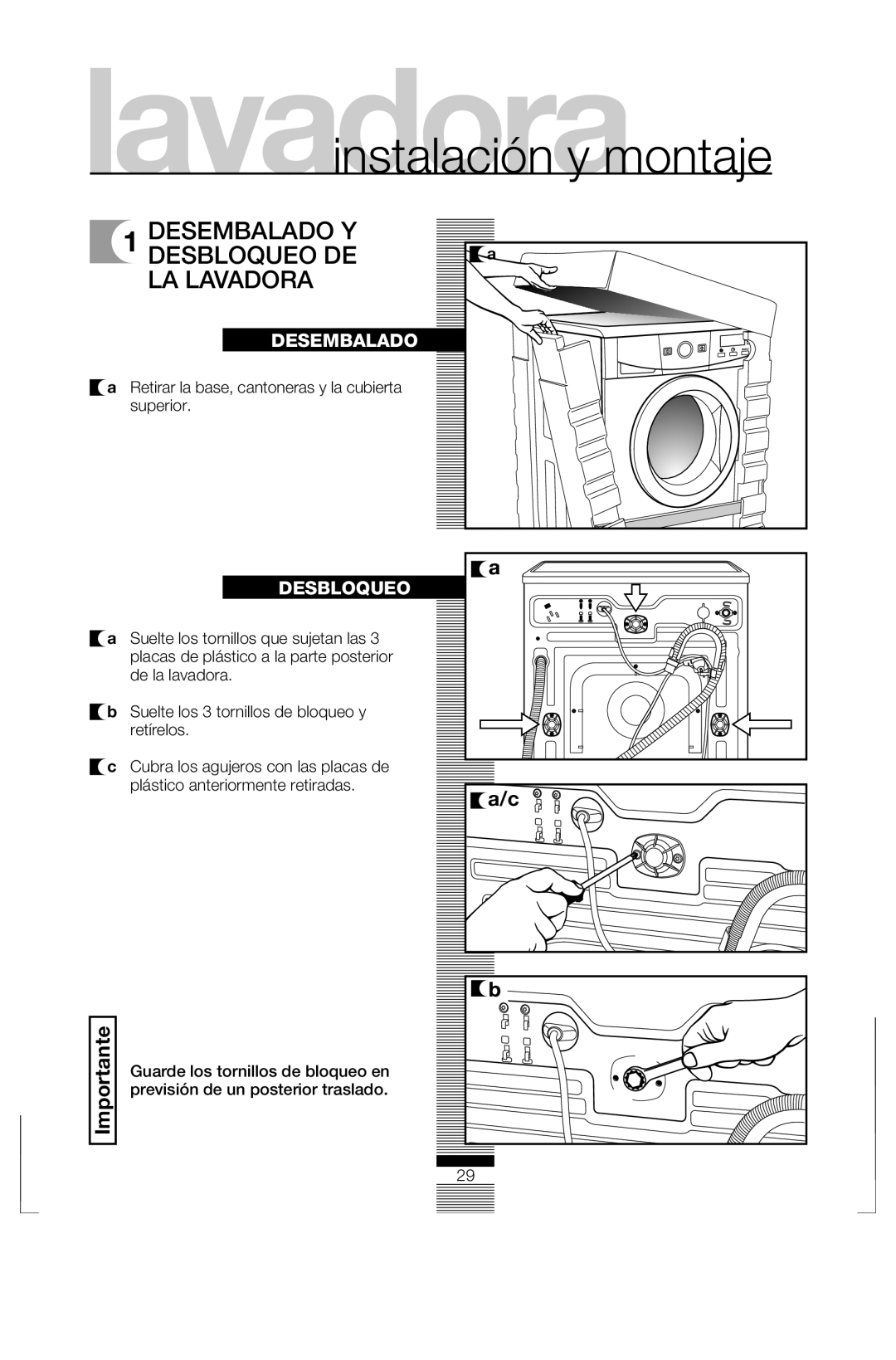 Fagor America FAS 3612 Desembalado Y Desbloqueo DE LA Lavadora, Retirar la base, cantoneras y la cubierta Superior 