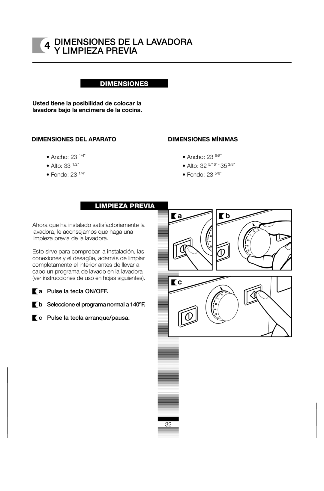 Fagor America FAS 3612 operation manual Dimensiones DE LA Lavadora Y Limpieza Previa 