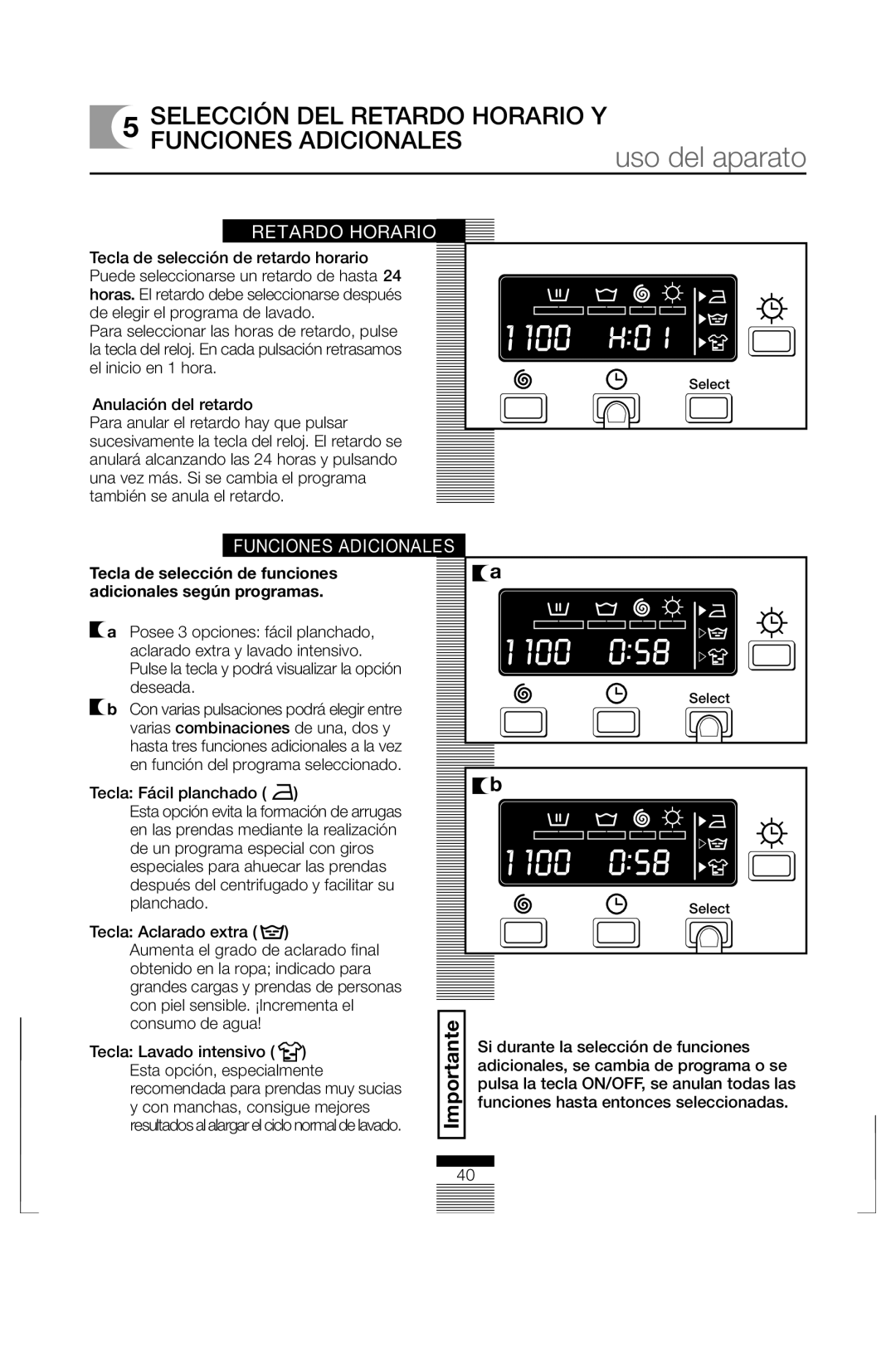 Fagor America FAS 3612 operation manual Uso del aparato, Selección DEL Retardo Horario Y Funciones Adicionales 