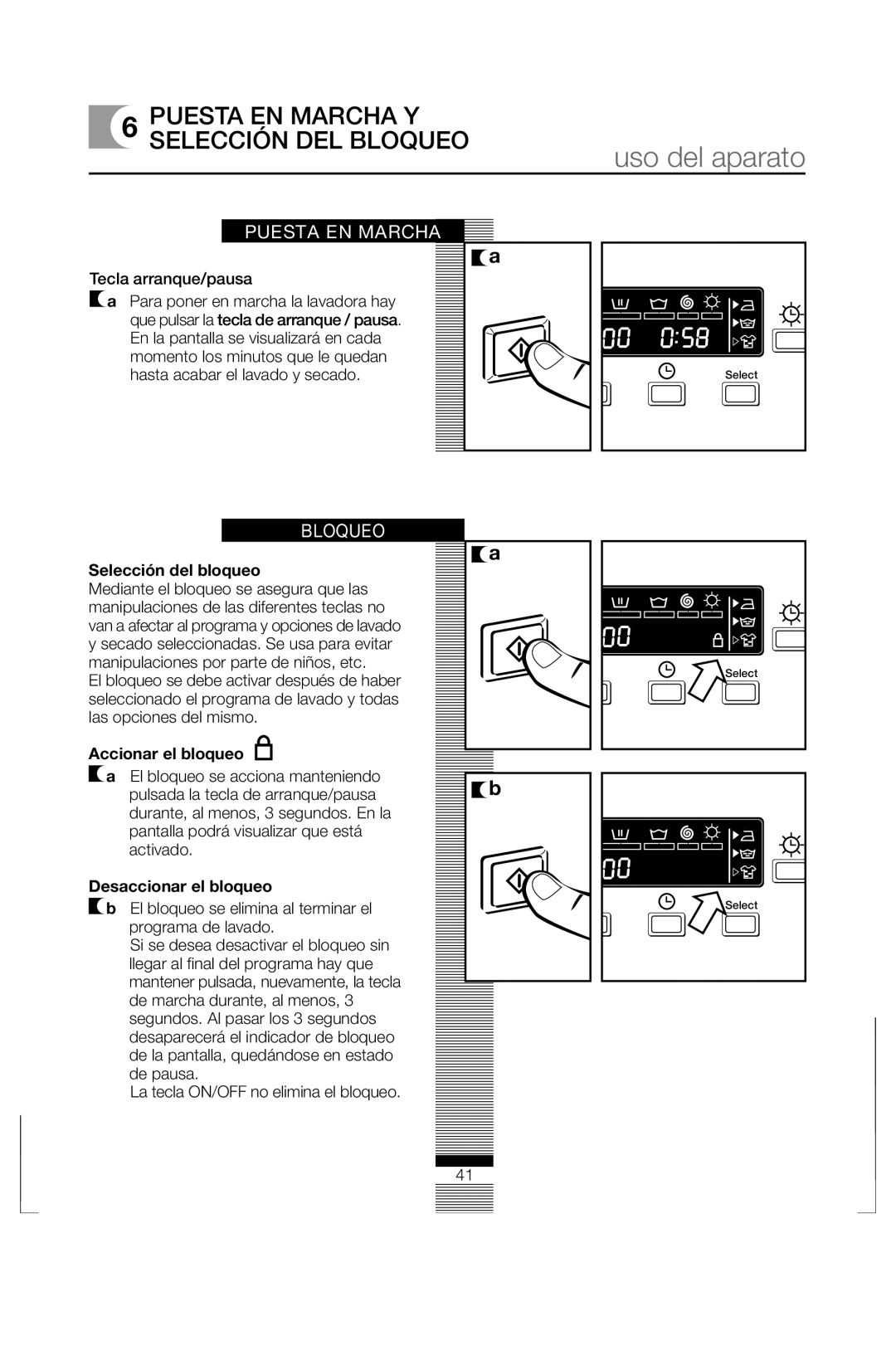 Fagor America FAS 3612 operation manual Puesta EN Marcha Y Selección DEL Bloqueo, Tecla arranque/pausa 