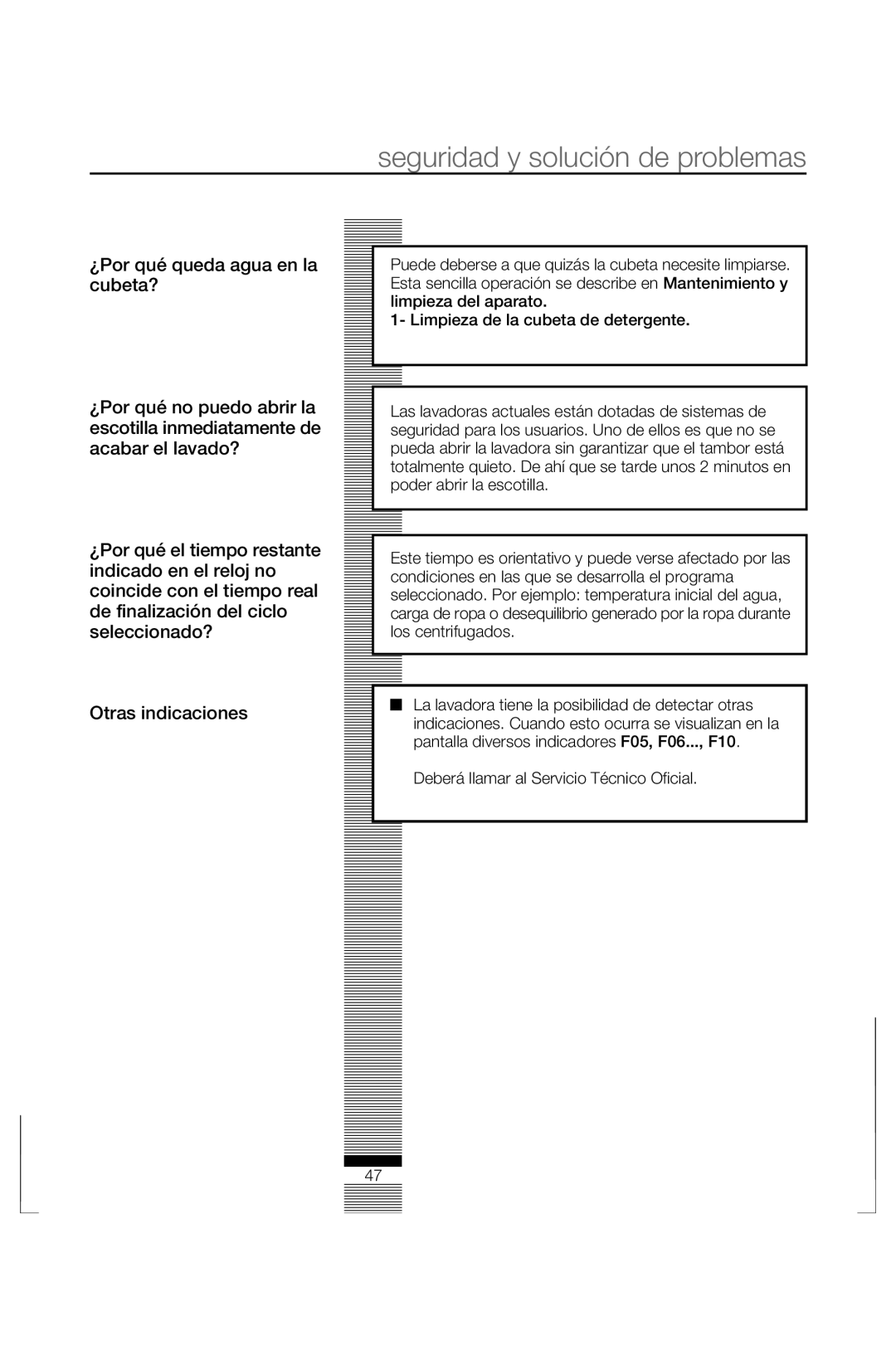 Fagor America FAS 3612 operation manual Seguridad y solución de problemas 