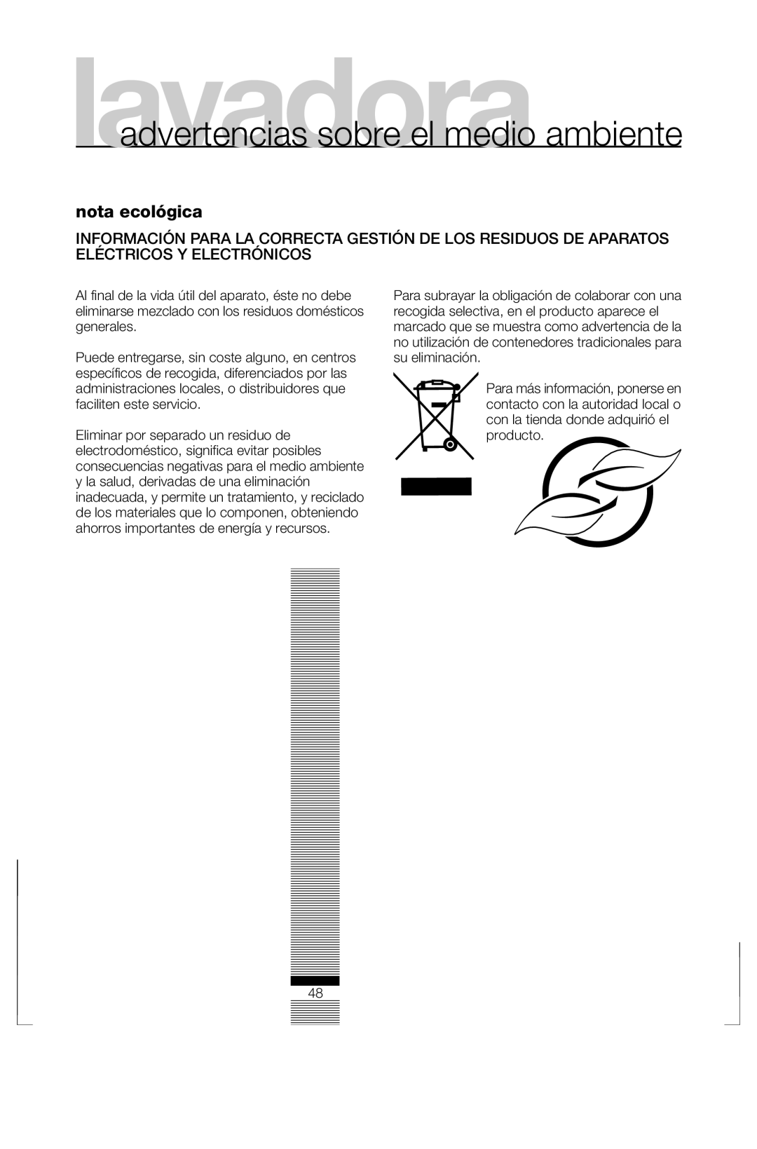 Fagor America FAS 3612 operation manual Lavadoraadvertencias sobre el medio ambiente 