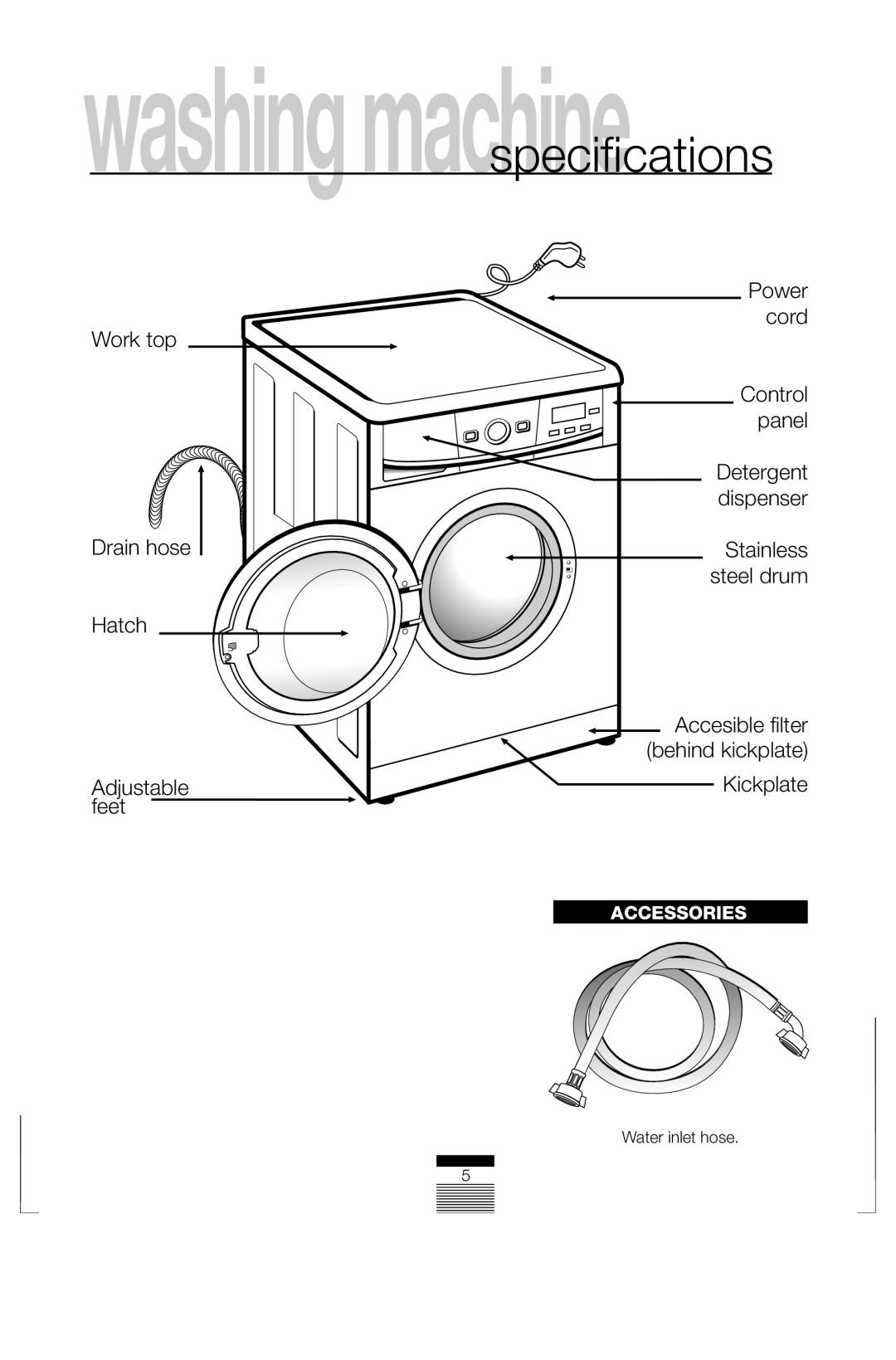 Fagor America FAS 3612 operation manual Accessories, Water inlet hose 