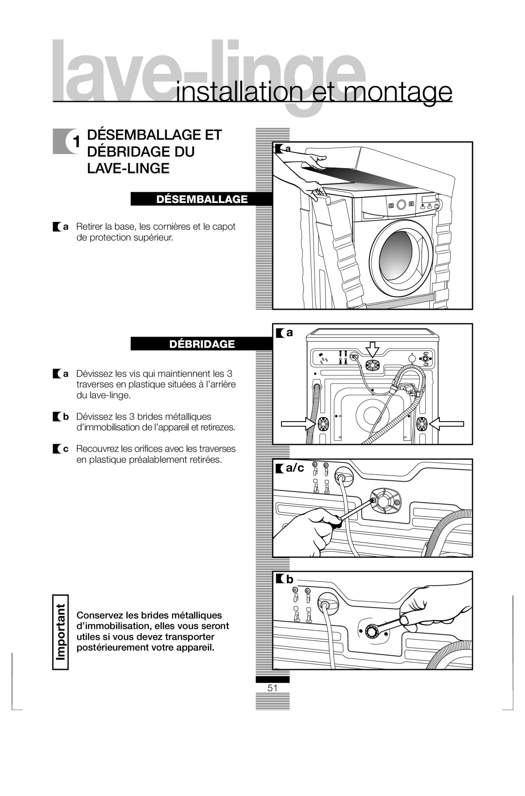 Fagor America FAS 3612 operation manual Désemballage ET Débridage DU LAVE-LINGE 