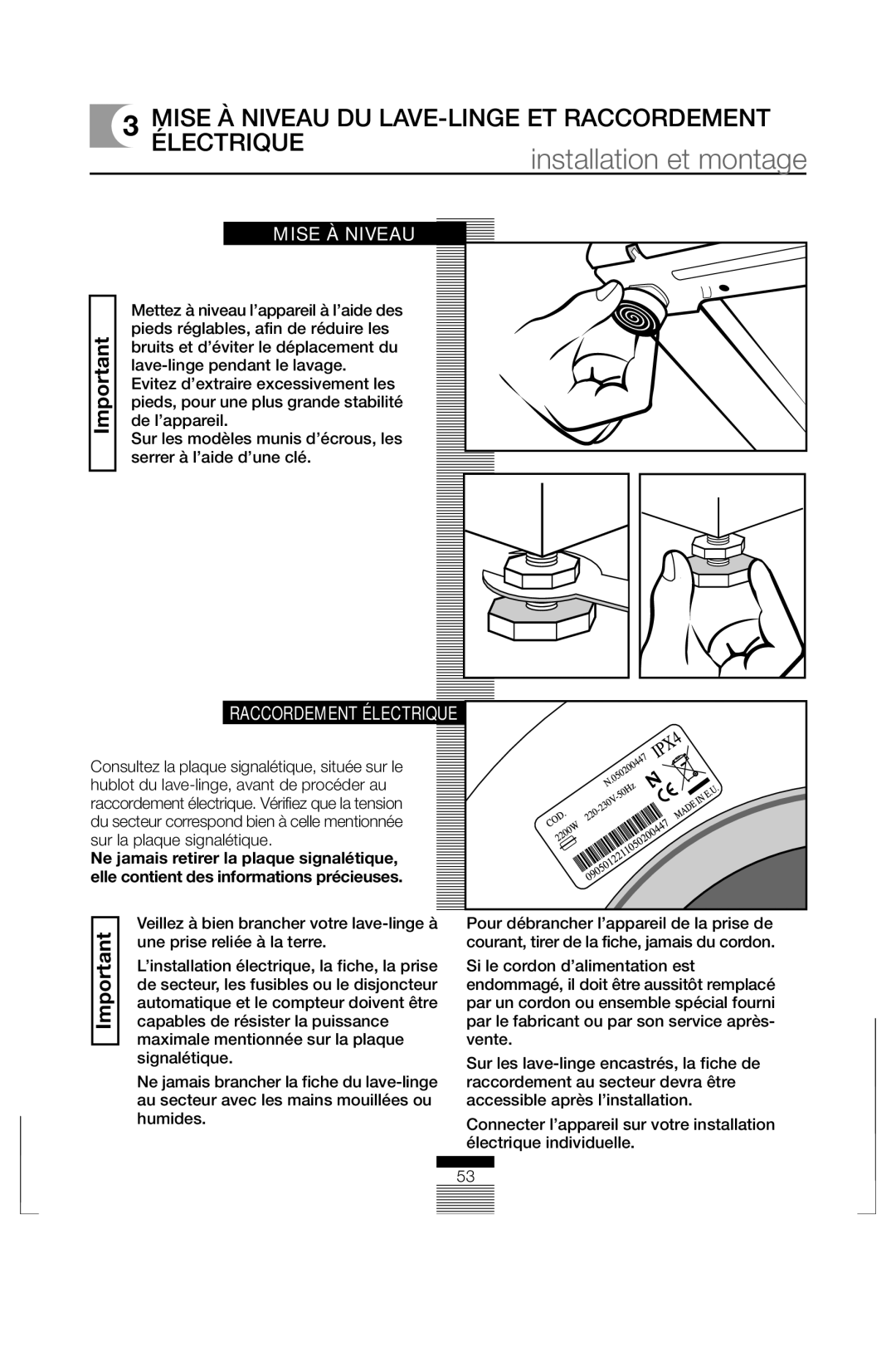 Fagor America FAS 3612 operation manual Mise À Niveau DU LAVE-LINGE ET Raccordement Électrique 