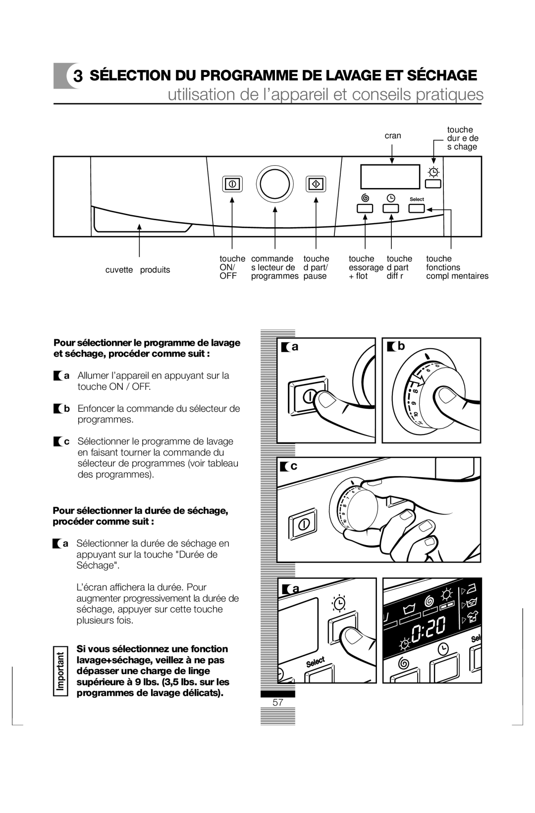 Fagor America FAS 3612 Utilisation de l’appareil et conseils pratiques, Sélection DU Programme DE Lavage ET Séchage 