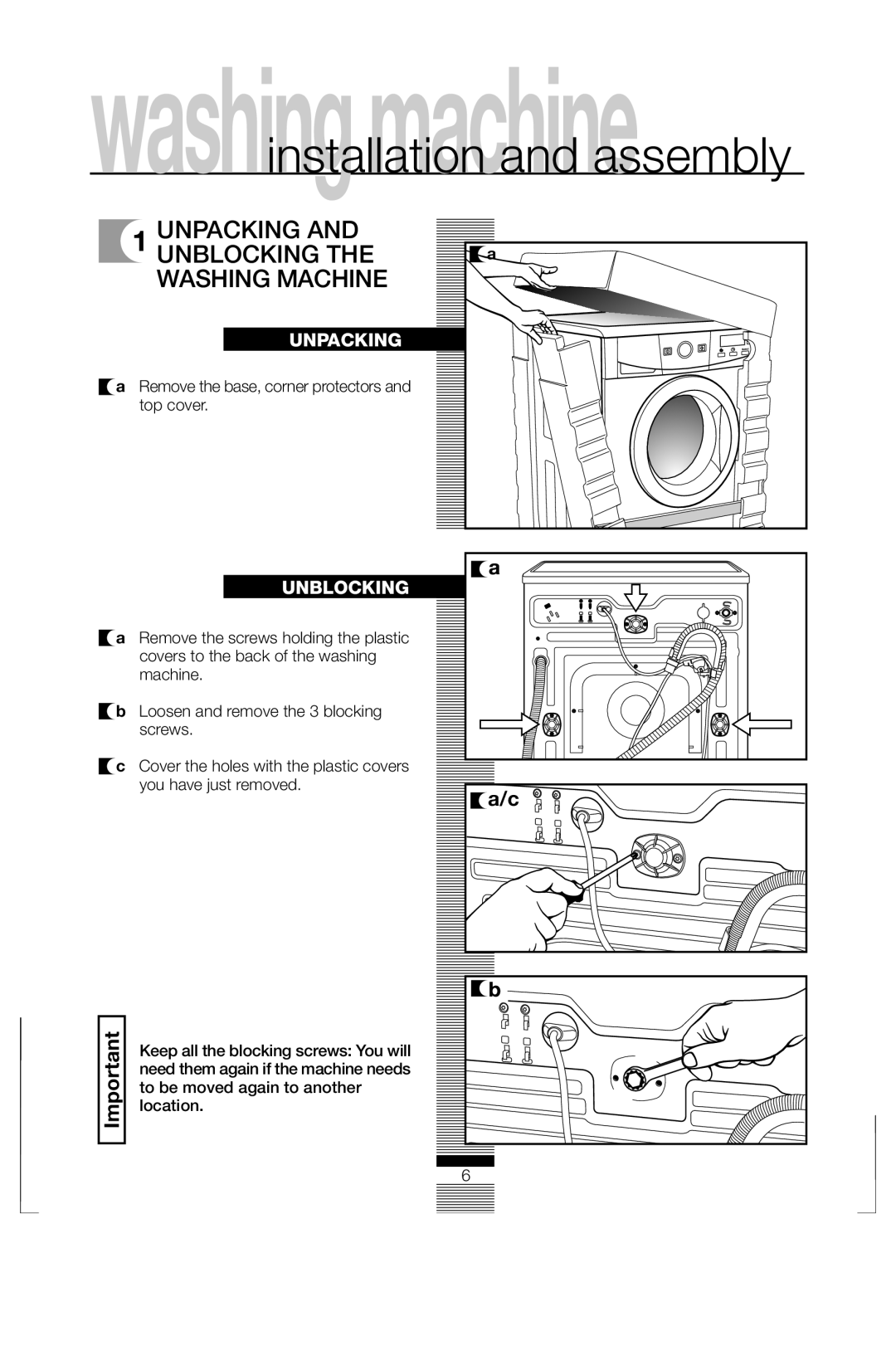 Fagor America FAS 3612 operation manual Unpacking Unblocking Washing Machine, Remove the base, corner protectors Top cover 