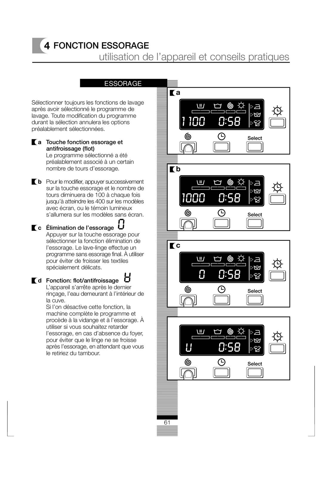 Fagor America FAS 3612 operation manual Fonction Essorage, Rinçage, l’eau demeurant à l’intérieur de 