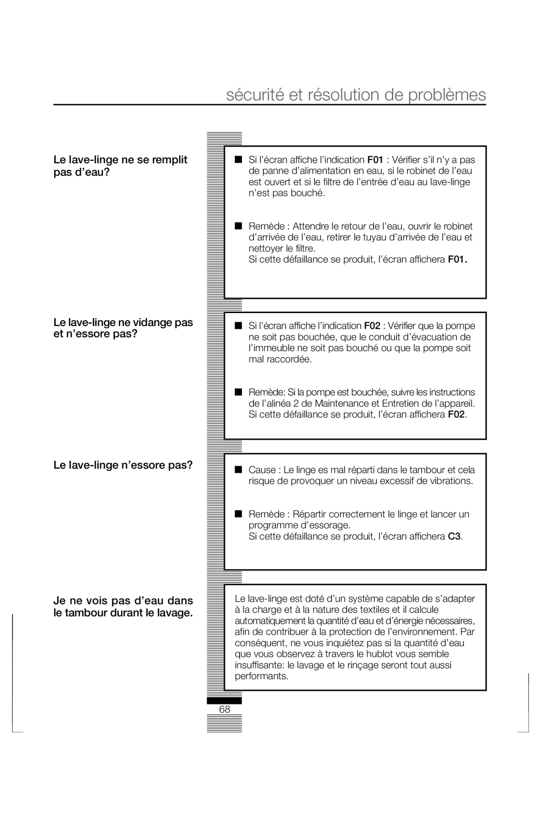 Fagor America FAS 3612 operation manual Sécurité et résolution de problèmes 