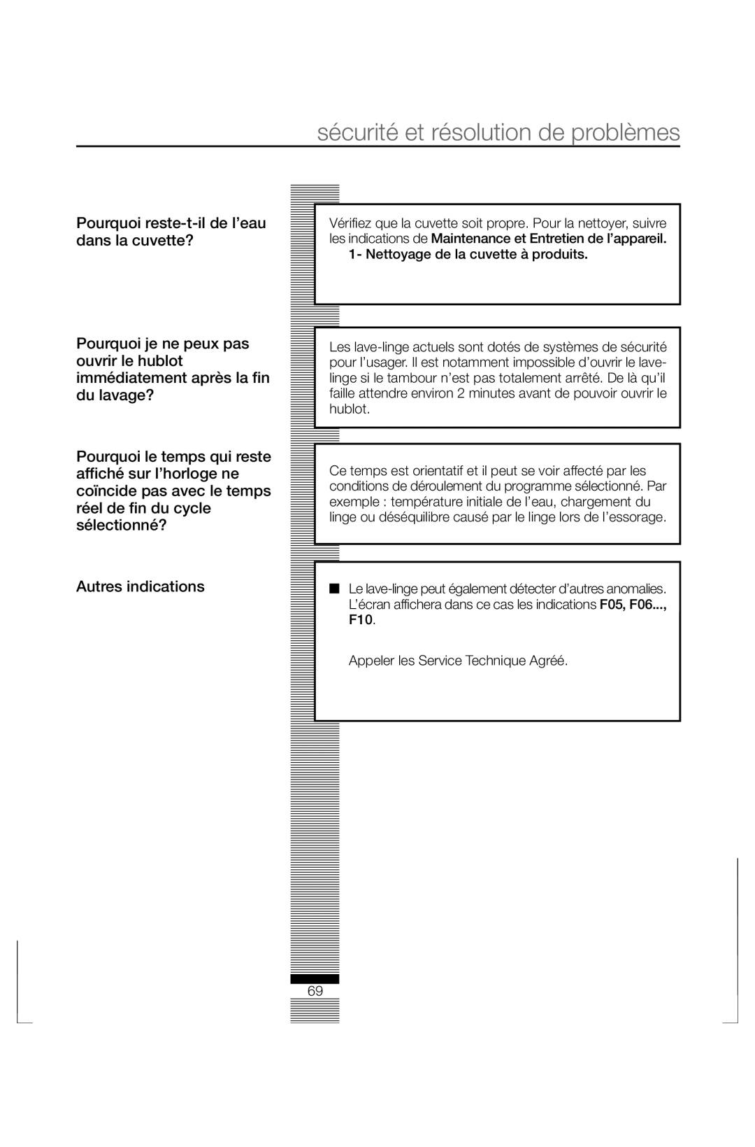 Fagor America FAS 3612 operation manual Sécurité et résolution de problèmes 