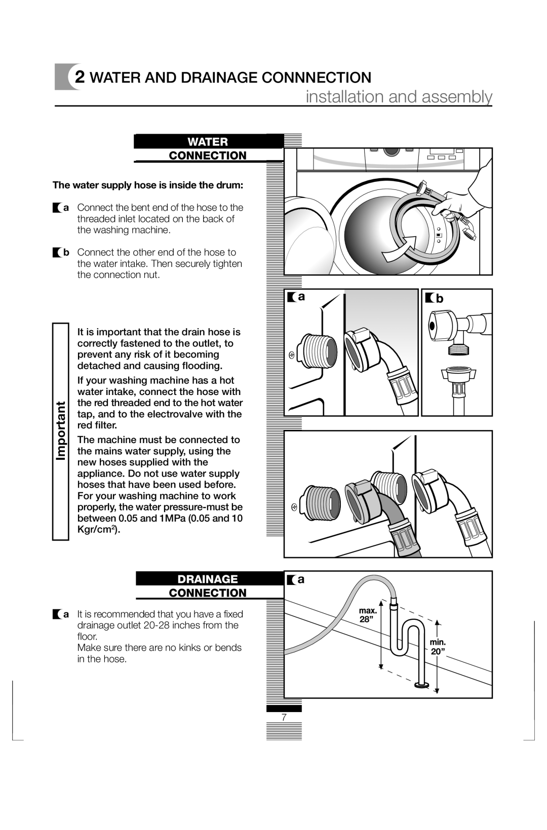 Fagor America FAS 3612 operation manual Installation and assembly, Water and Drainage Connnection, Connection 