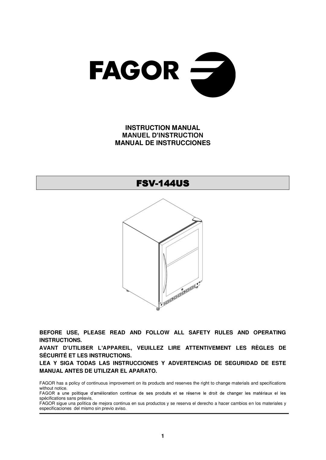 Fagor America FSV-144US instruction manual Manuel D’INSTRUCTION Manual DE Instrucciones 