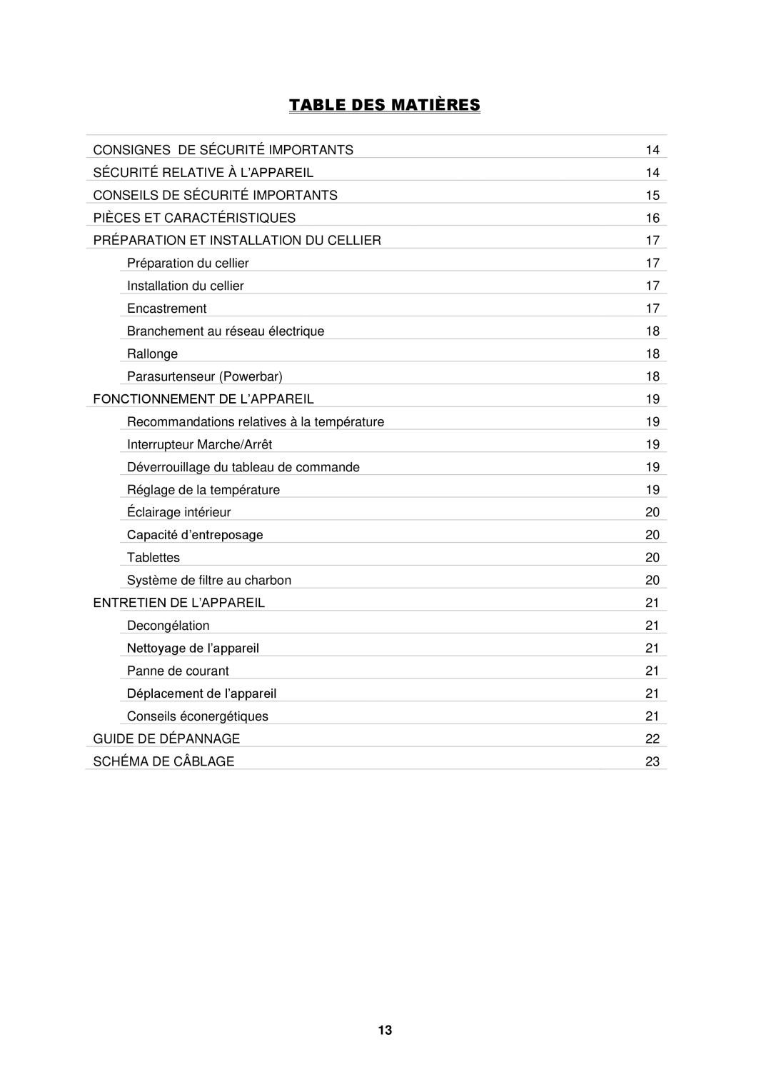 Fagor America FSV-144US instruction manual Table DES Matières, Fonctionnement DE L‟APPAREIL 