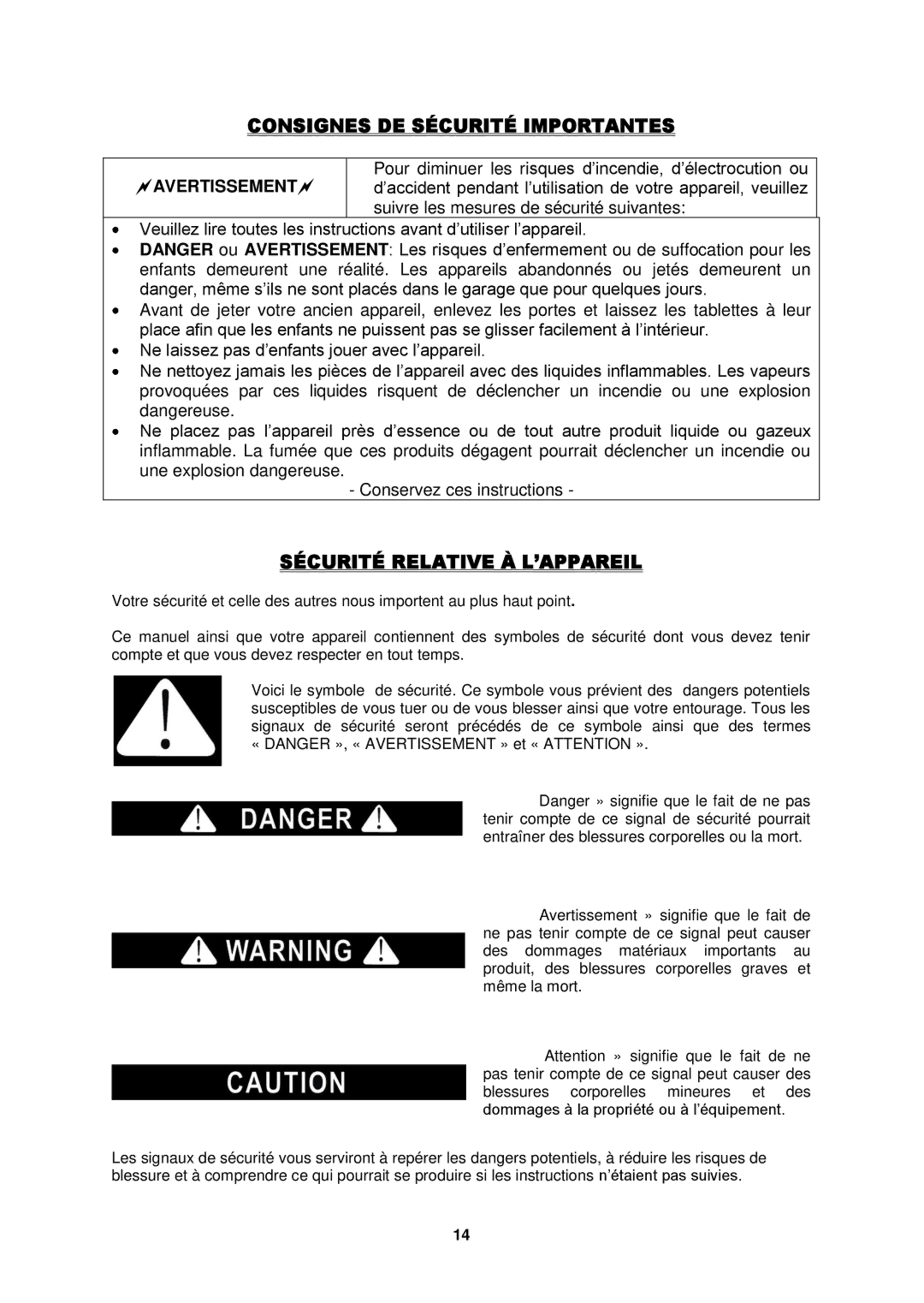 Fagor America FSV-144US instruction manual Consignes DE Sécurité Importantes, Sécurité Relative À L’APPAREIL 