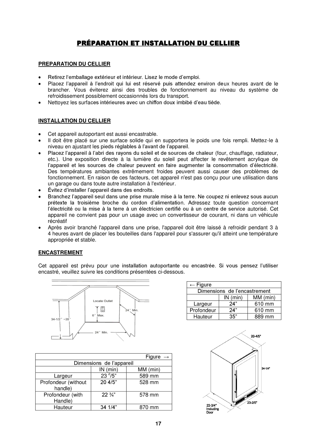 Fagor America FSV-144US instruction manual Préparation ET Installation DU Cellier, Preparation DU Cellier, Encastrement 