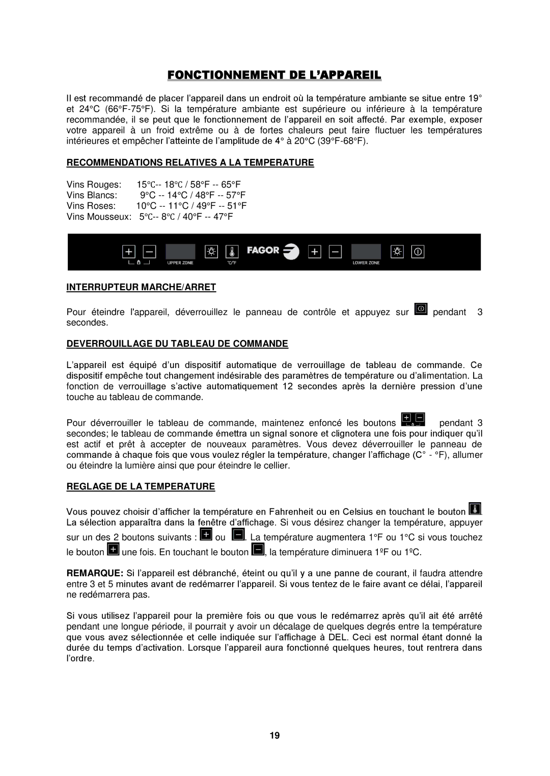 Fagor America FSV-144US instruction manual Fonctionnement DE L’APPAREIL, Recommendations Relatives a LA Temperature 