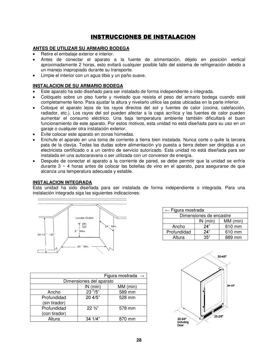 Fagor America FSV-144US Instrucciones DE Instalacion, Antes DE Utilizar SU Armario Bodega, Instalacion Integrada 