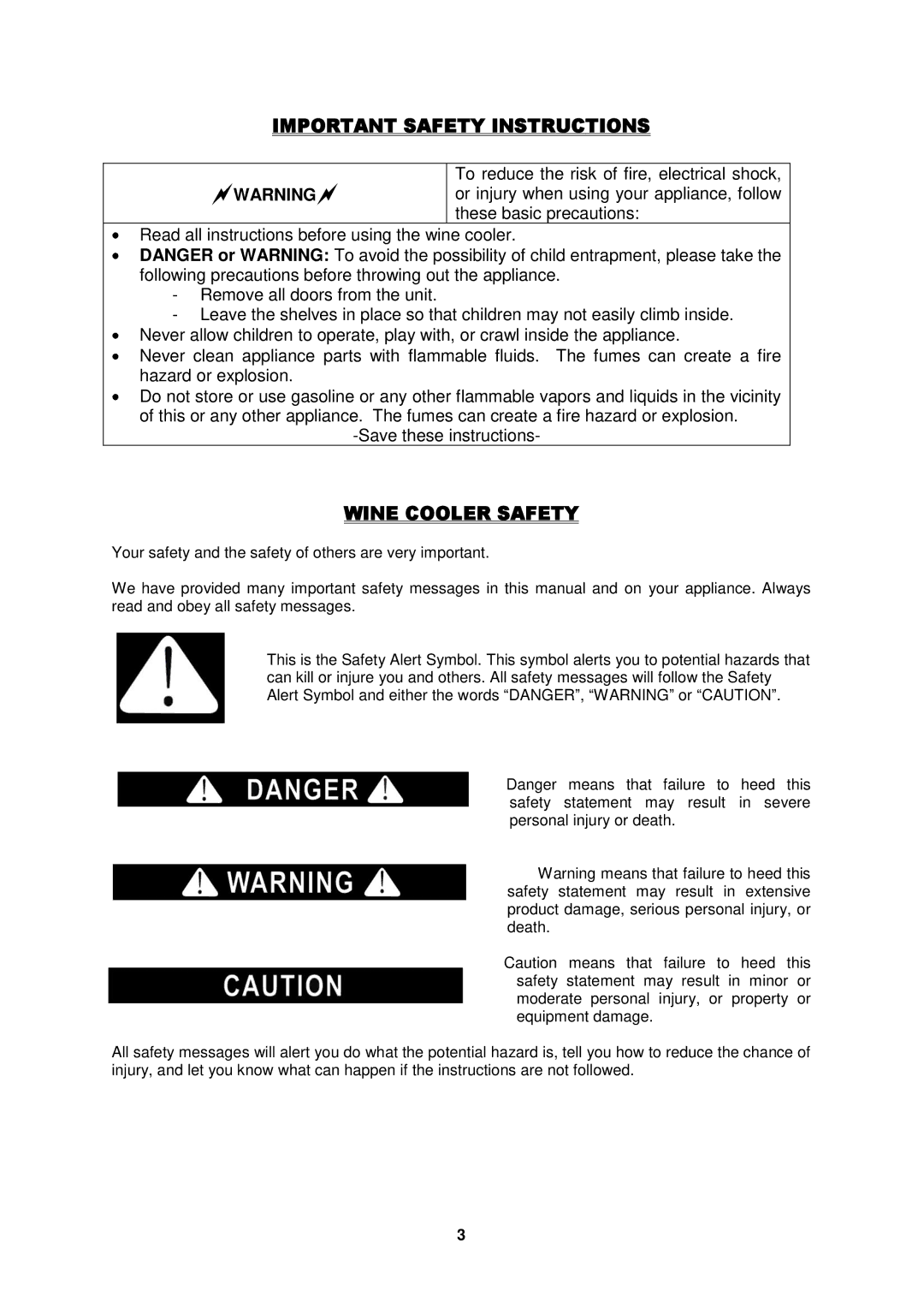 Fagor America FSV-144US instruction manual Important Safety Instructions, Wine Cooler Safety 