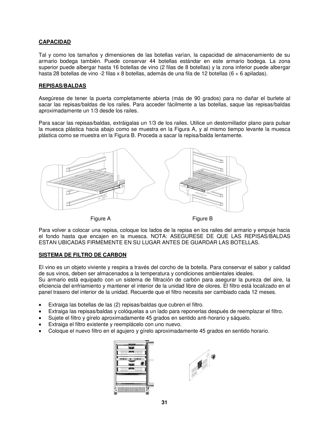 Fagor America FSV-144US instruction manual Capacidad, Repisas/Baldas, Sistema DE Filtro DE Carbon 