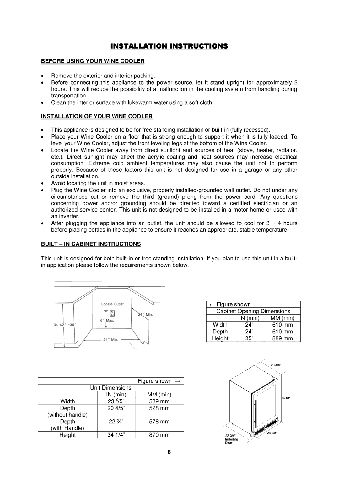 Fagor America FSV-144US Installation Instructions, Before Using Your Wine Cooler, Installation of Your Wine Cooler 