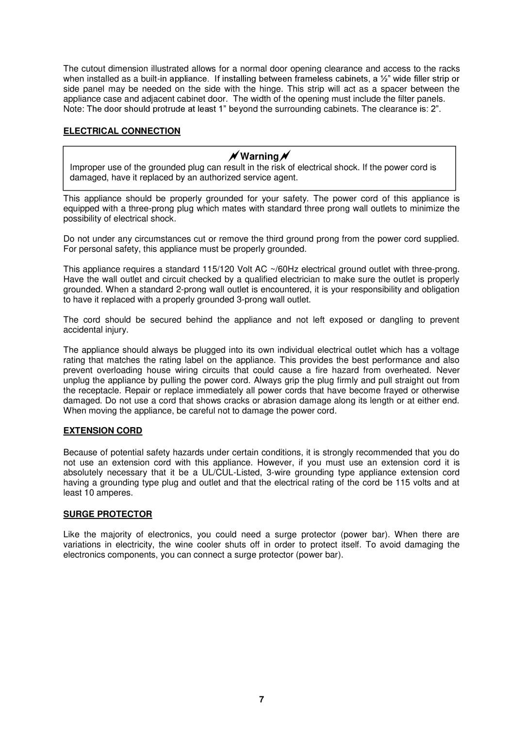 Fagor America FSV-144US instruction manual Electrical Connection, Extension Cord, Surge Protector 