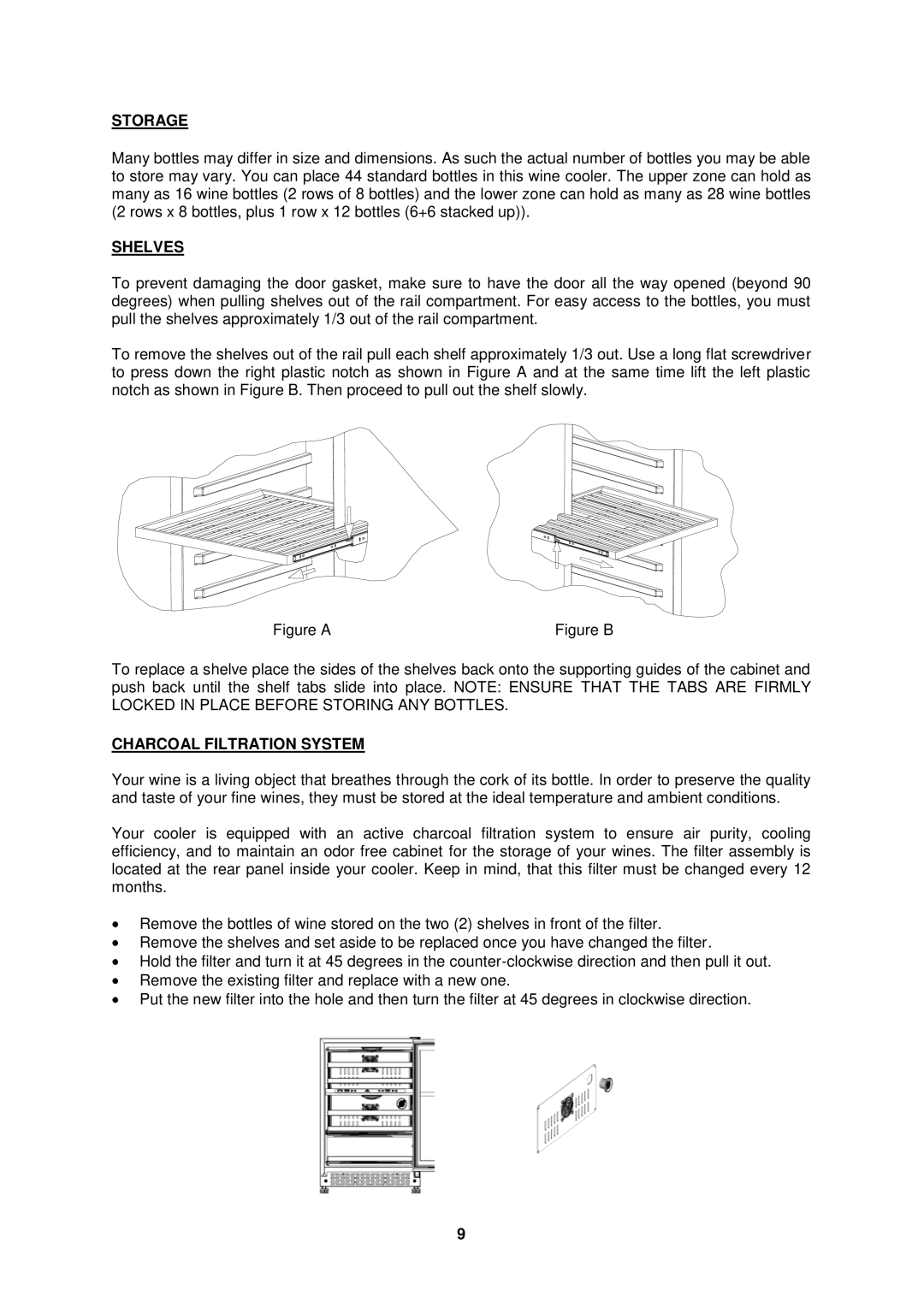 Fagor America FSV-144US instruction manual Storage, Shelves, Charcoal Filtration System 