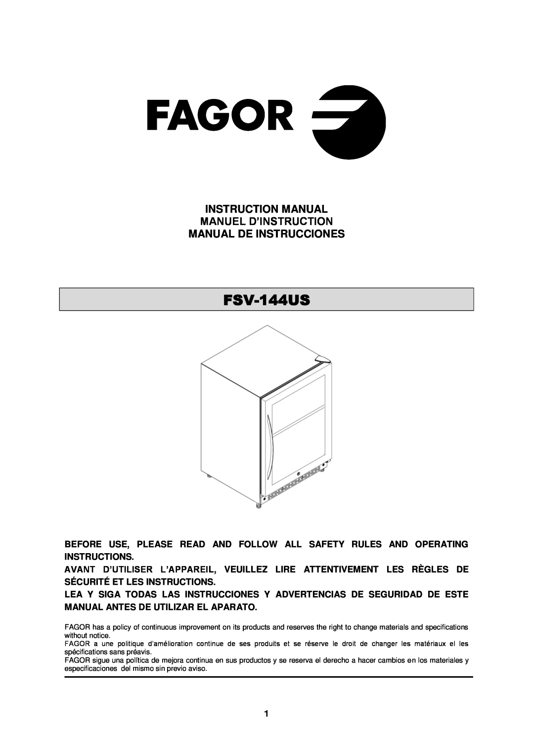 Fagor America FSV-144US instruction manual Instruction Manual Manuel D’Instruction, Manual De Instrucciones 