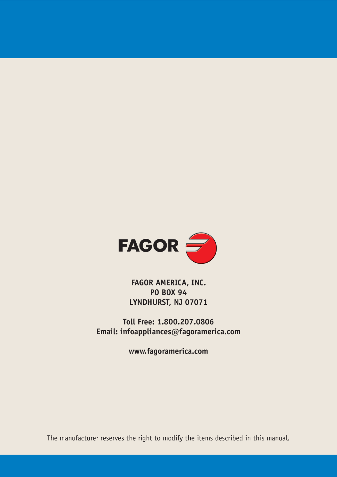 Fagor America IFA-90 manual Fagor America, Inc Po Box Lyndhurst, Nj 