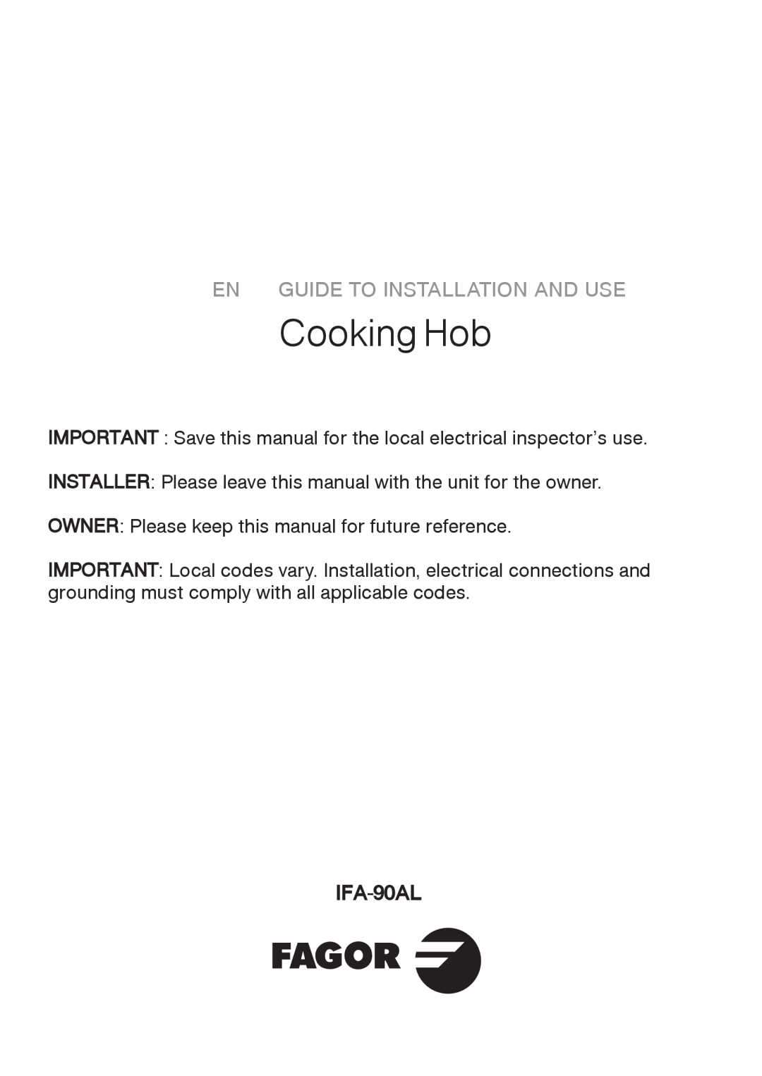 Fagor America manual Cooking Hob, En Guide To Installation And Use, IFA-90AL 